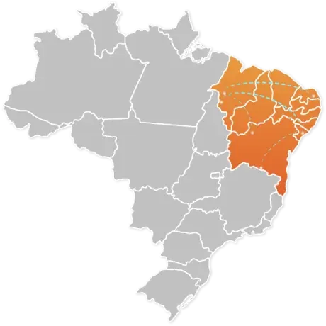 Mapa do Brasil com a região Nordeste destacada em laranja